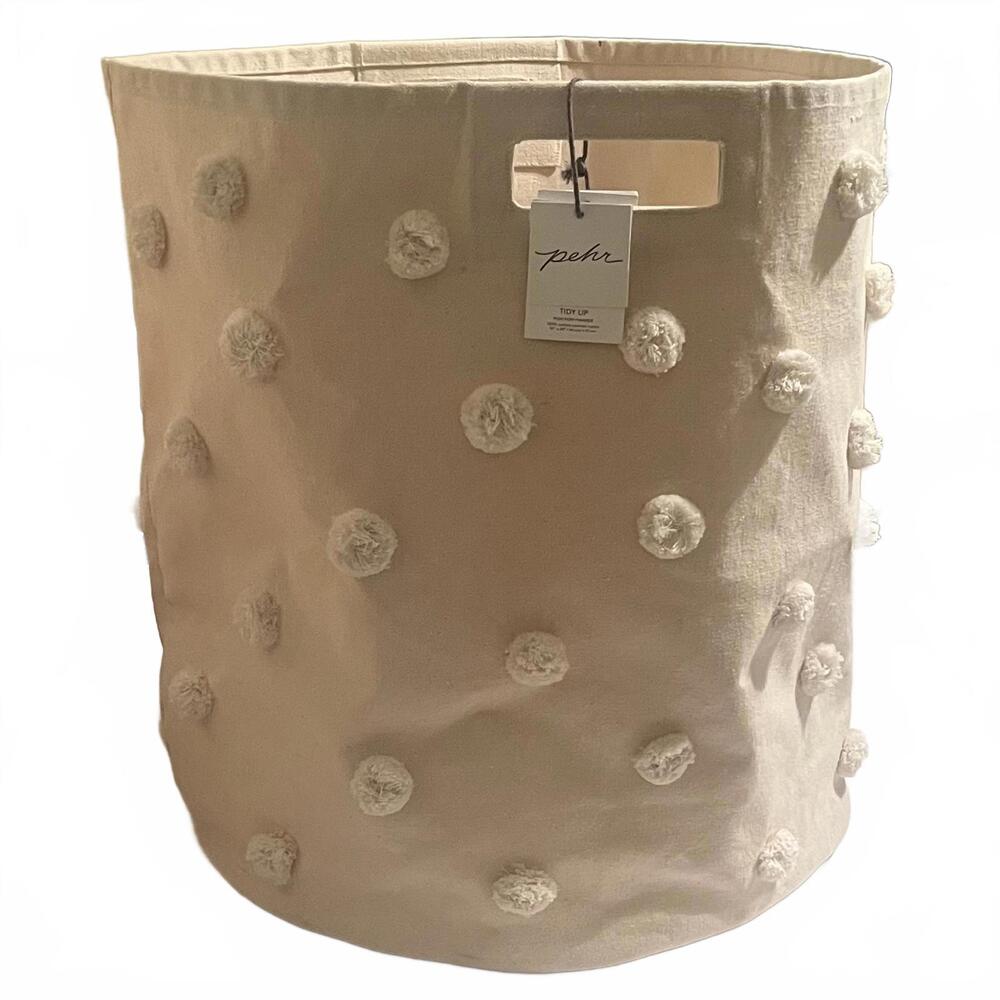 Pehr - Extra-Large Beige Cotton Canvas Tidy Up Pom Pom Basket Hamper - 18" x 20"
